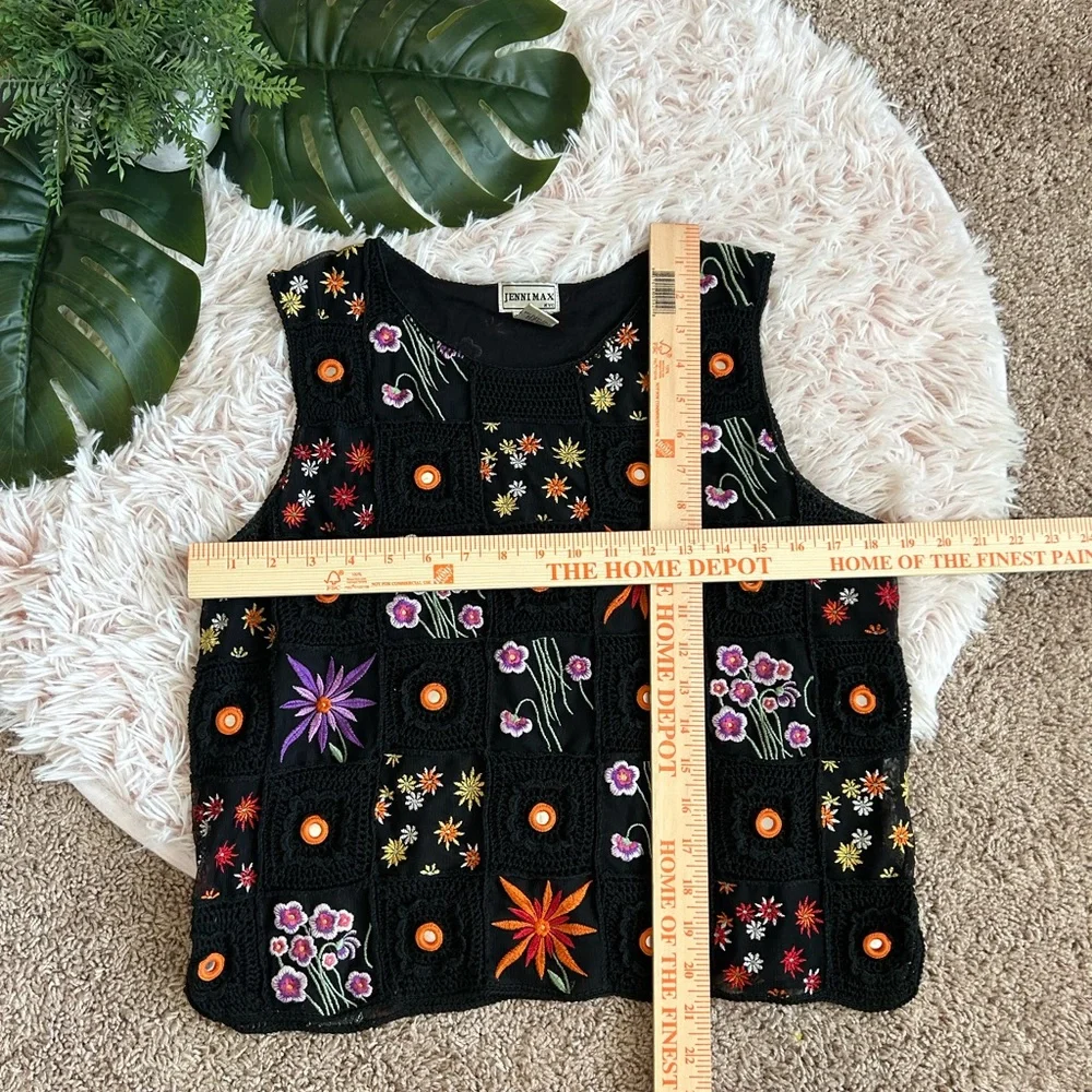Jenni Max Y2K Black Colorful Crochet Embroider Sequin Silk Blend Boho Blouse XL - Picture 7 of 9